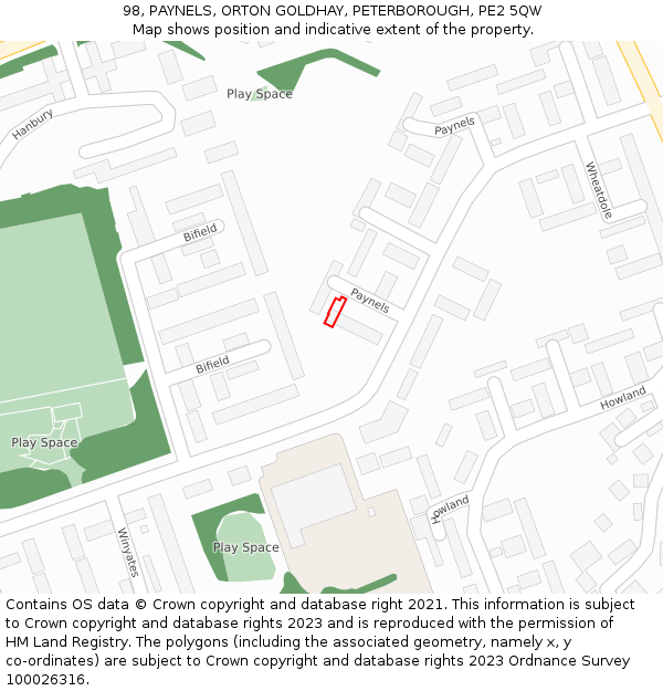 98, PAYNELS, ORTON GOLDHAY, PETERBOROUGH, PE2 5QW: Location map and indicative extent of plot