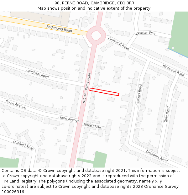 98, PERNE ROAD, CAMBRIDGE, CB1 3RR: Location map and indicative extent of plot