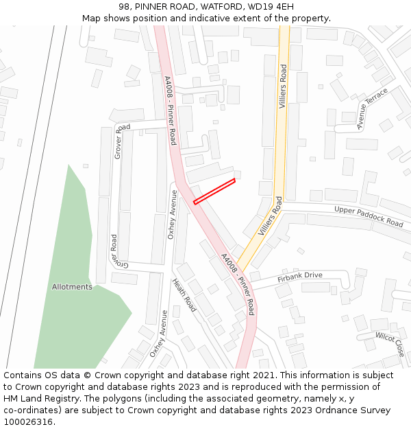 98, PINNER ROAD, WATFORD, WD19 4EH: Location map and indicative extent of plot
