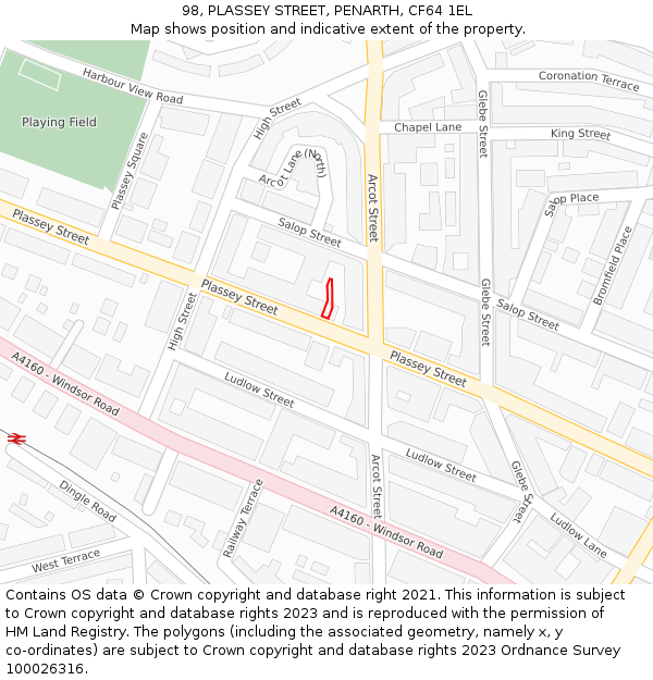 98, PLASSEY STREET, PENARTH, CF64 1EL: Location map and indicative extent of plot