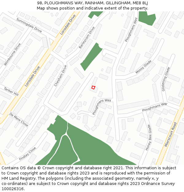 98, PLOUGHMANS WAY, RAINHAM, GILLINGHAM, ME8 8LJ: Location map and indicative extent of plot
