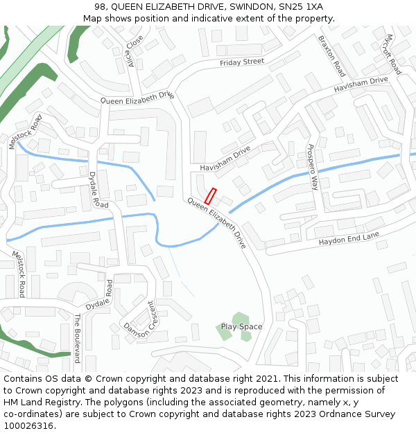 98, QUEEN ELIZABETH DRIVE, SWINDON, SN25 1XA: Location map and indicative extent of plot