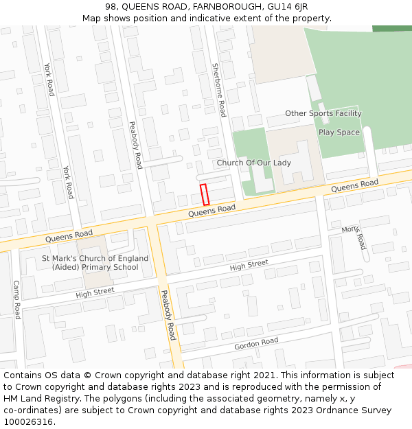 98, QUEENS ROAD, FARNBOROUGH, GU14 6JR: Location map and indicative extent of plot