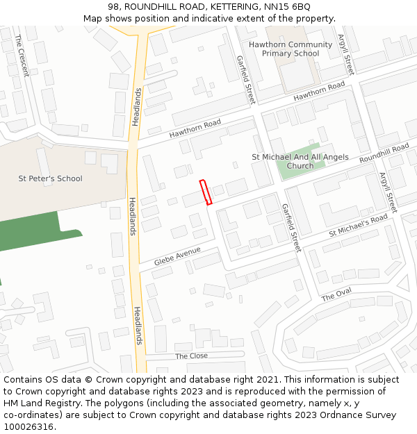 98, ROUNDHILL ROAD, KETTERING, NN15 6BQ: Location map and indicative extent of plot
