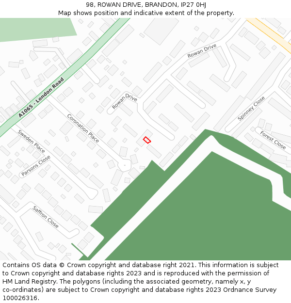 98, ROWAN DRIVE, BRANDON, IP27 0HJ: Location map and indicative extent of plot
