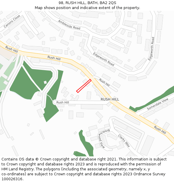 98, RUSH HILL, BATH, BA2 2QS: Location map and indicative extent of plot