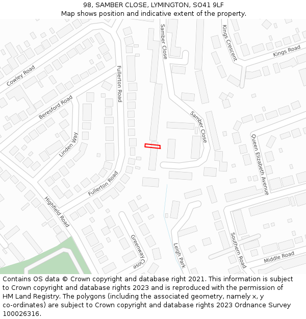 98, SAMBER CLOSE, LYMINGTON, SO41 9LF: Location map and indicative extent of plot