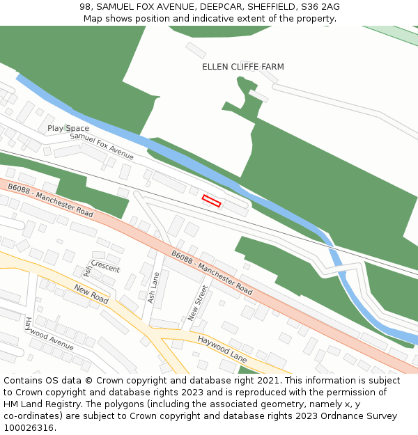 98, SAMUEL FOX AVENUE, DEEPCAR, SHEFFIELD, S36 2AG: Location map and indicative extent of plot