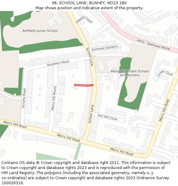 98, SCHOOL LANE, BUSHEY, WD23 1BX: Location map and indicative extent of plot