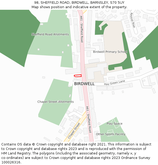 98, SHEFFIELD ROAD, BIRDWELL, BARNSLEY, S70 5UY: Location map and indicative extent of plot