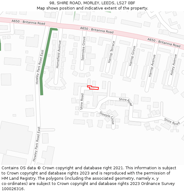 98, SHIRE ROAD, MORLEY, LEEDS, LS27 0BF: Location map and indicative extent of plot