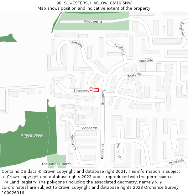 98, SILVESTERS, HARLOW, CM19 5NW: Location map and indicative extent of plot