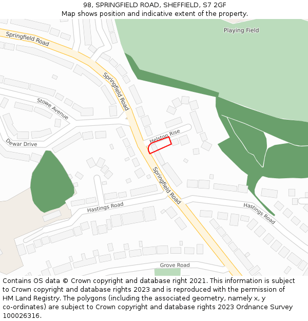 98, SPRINGFIELD ROAD, SHEFFIELD, S7 2GF: Location map and indicative extent of plot