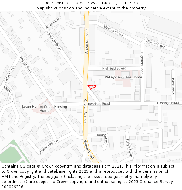 98, STANHOPE ROAD, SWADLINCOTE, DE11 9BD: Location map and indicative extent of plot