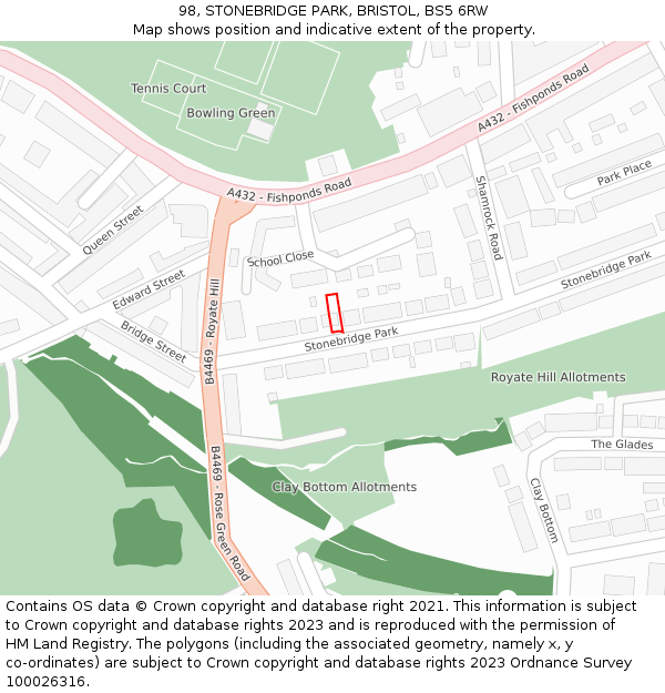 98, STONEBRIDGE PARK, BRISTOL, BS5 6RW: Location map and indicative extent of plot