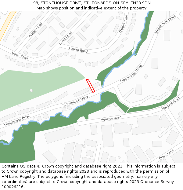98, STONEHOUSE DRIVE, ST LEONARDS-ON-SEA, TN38 9DN: Location map and indicative extent of plot
