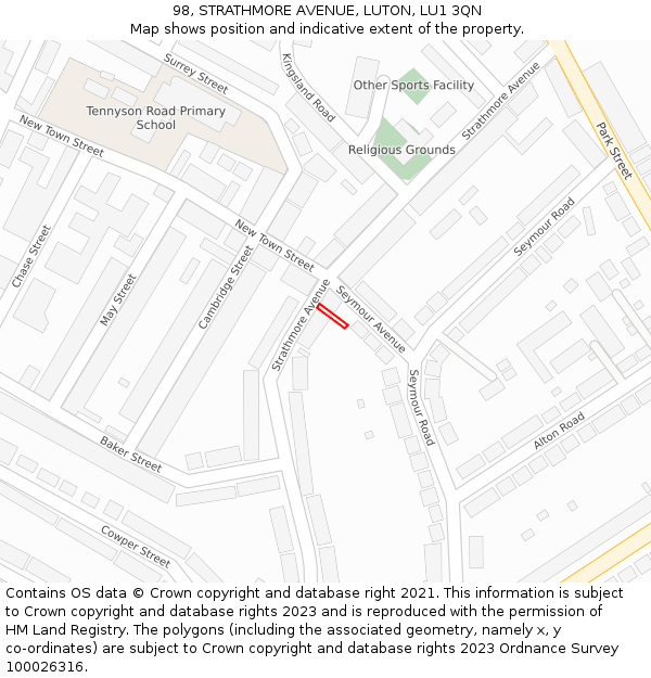 98, STRATHMORE AVENUE, LUTON, LU1 3QN: Location map and indicative extent of plot