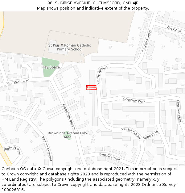 98, SUNRISE AVENUE, CHELMSFORD, CM1 4JP: Location map and indicative extent of plot