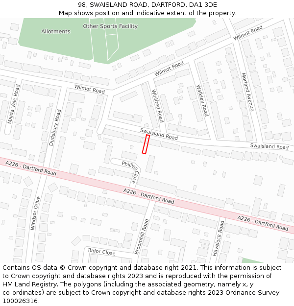 98, SWAISLAND ROAD, DARTFORD, DA1 3DE: Location map and indicative extent of plot