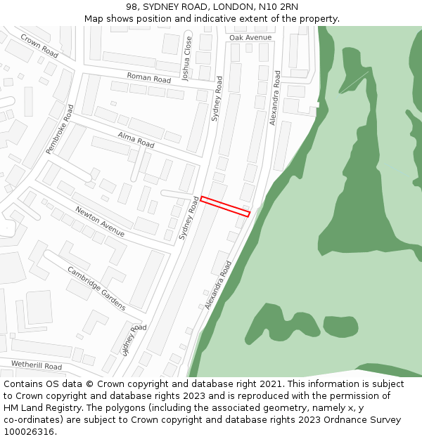 98, SYDNEY ROAD, LONDON, N10 2RN: Location map and indicative extent of plot