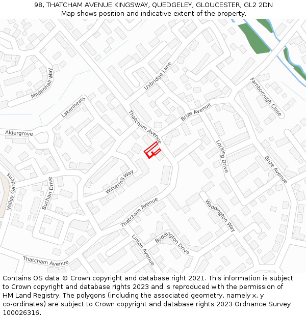 98, THATCHAM AVENUE KINGSWAY, QUEDGELEY, GLOUCESTER, GL2 2DN: Location map and indicative extent of plot