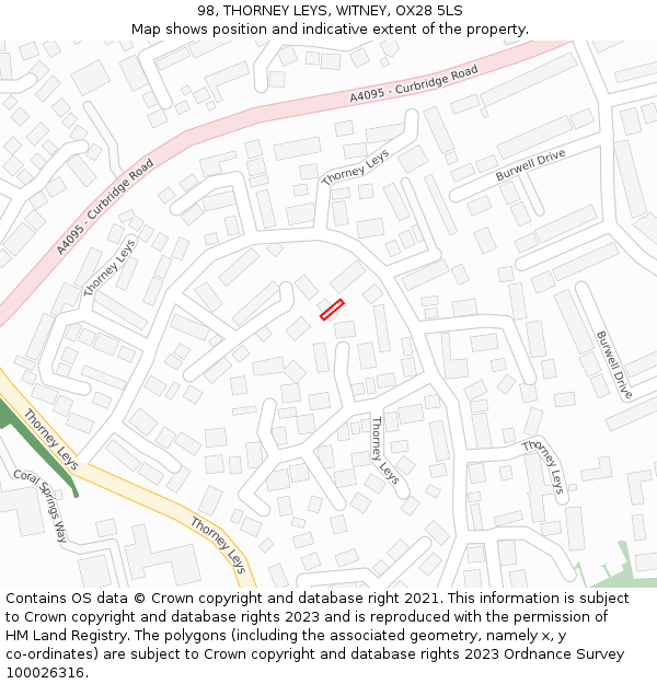 98, THORNEY LEYS, WITNEY, OX28 5LS: Location map and indicative extent of plot