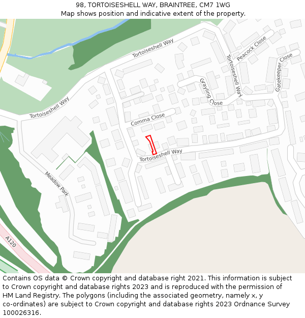 98, TORTOISESHELL WAY, BRAINTREE, CM7 1WG: Location map and indicative extent of plot