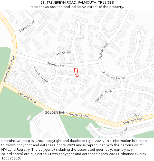98, TREVERBYN ROAD, FALMOUTH, TR11 5BS: Location map and indicative extent of plot