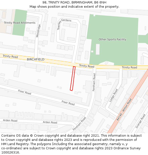 98, TRINITY ROAD, BIRMINGHAM, B6 6NH: Location map and indicative extent of plot