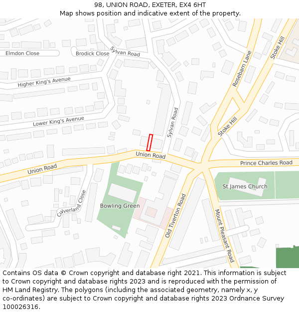 98, UNION ROAD, EXETER, EX4 6HT: Location map and indicative extent of plot