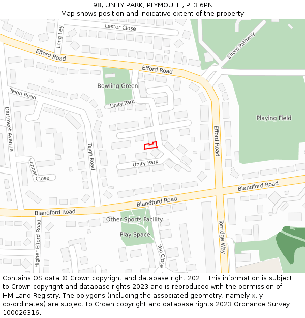 98, UNITY PARK, PLYMOUTH, PL3 6PN: Location map and indicative extent of plot