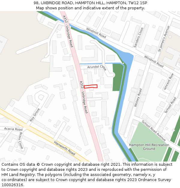 98, UXBRIDGE ROAD, HAMPTON HILL, HAMPTON, TW12 1SP: Location map and indicative extent of plot