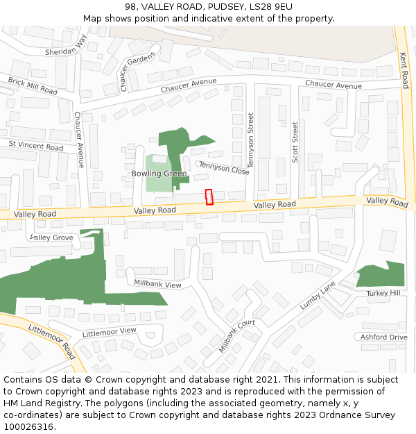 98, VALLEY ROAD, PUDSEY, LS28 9EU: Location map and indicative extent of plot