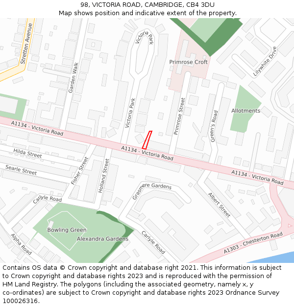 98, VICTORIA ROAD, CAMBRIDGE, CB4 3DU: Location map and indicative extent of plot