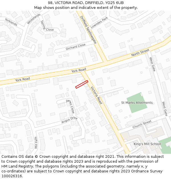 98, VICTORIA ROAD, DRIFFIELD, YO25 6UB: Location map and indicative extent of plot