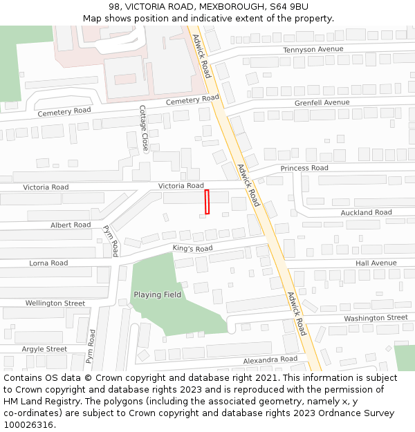 98, VICTORIA ROAD, MEXBOROUGH, S64 9BU: Location map and indicative extent of plot