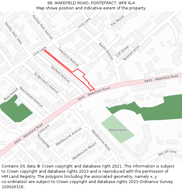 98, WAKEFIELD ROAD, PONTEFRACT, WF8 4LA: Location map and indicative extent of plot