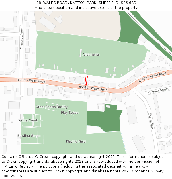 98, WALES ROAD, KIVETON PARK, SHEFFIELD, S26 6RD: Location map and indicative extent of plot
