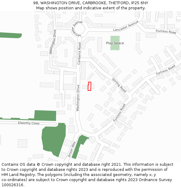 98, WASHINGTON DRIVE, CARBROOKE, THETFORD, IP25 6NY: Location map and indicative extent of plot