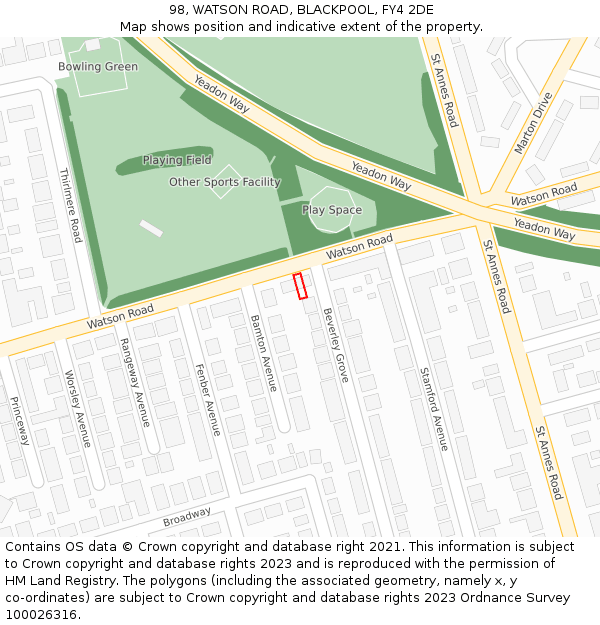 98, WATSON ROAD, BLACKPOOL, FY4 2DE: Location map and indicative extent of plot