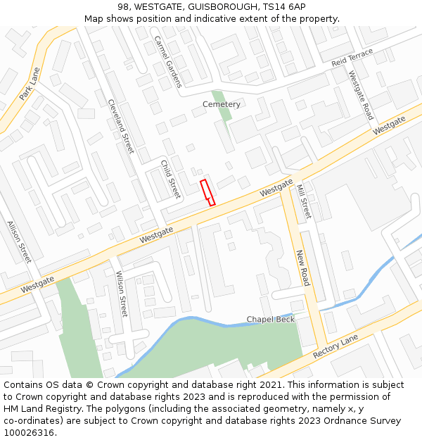 98, WESTGATE, GUISBOROUGH, TS14 6AP: Location map and indicative extent of plot