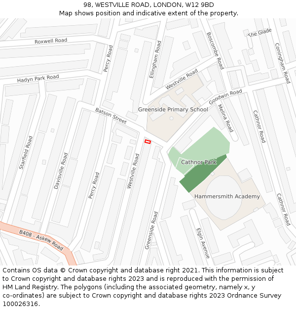 98, WESTVILLE ROAD, LONDON, W12 9BD: Location map and indicative extent of plot