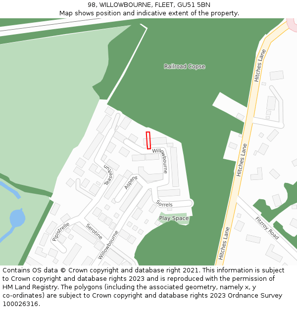 98, WILLOWBOURNE, FLEET, GU51 5BN: Location map and indicative extent of plot