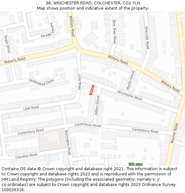 98, WINCHESTER ROAD, COLCHESTER, CO2 7LN: Location map and indicative extent of plot