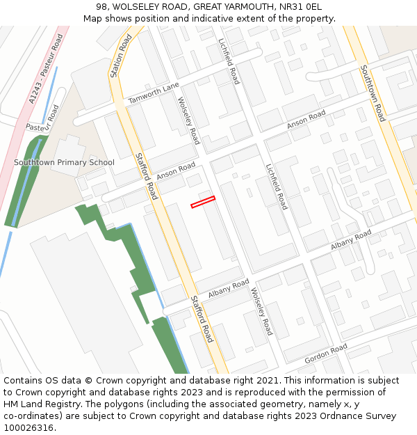 98, WOLSELEY ROAD, GREAT YARMOUTH, NR31 0EL: Location map and indicative extent of plot