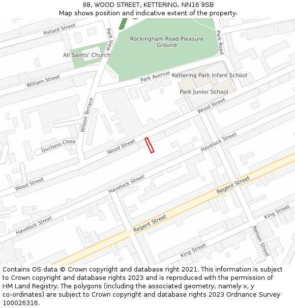 98, WOOD STREET, KETTERING, NN16 9SB: Location map and indicative extent of plot