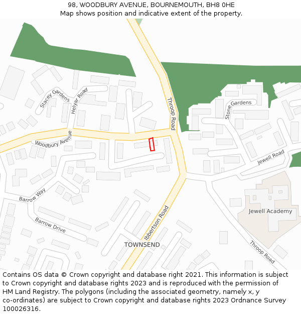 98, WOODBURY AVENUE, BOURNEMOUTH, BH8 0HE: Location map and indicative extent of plot