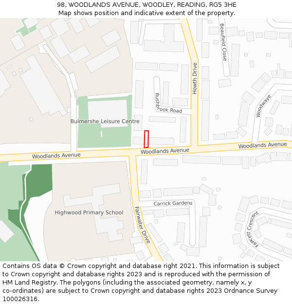 98, WOODLANDS AVENUE, WOODLEY, READING, RG5 3HE: Location map and indicative extent of plot
