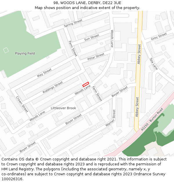 98, WOODS LANE, DERBY, DE22 3UE: Location map and indicative extent of plot