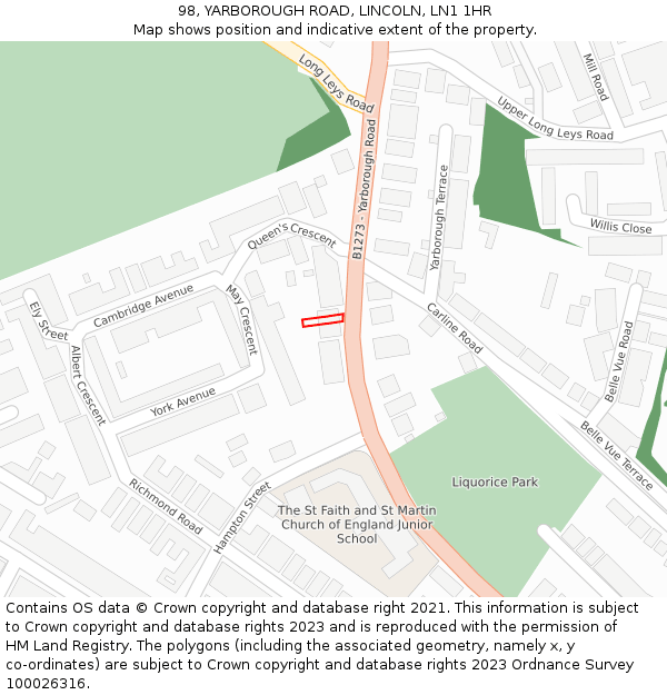 98, YARBOROUGH ROAD, LINCOLN, LN1 1HR: Location map and indicative extent of plot